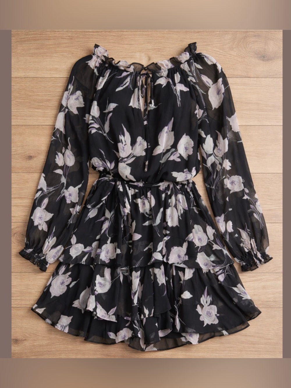 Ralph Lauren Black Floral Long-Sleeve Ruffle Tiered Dress